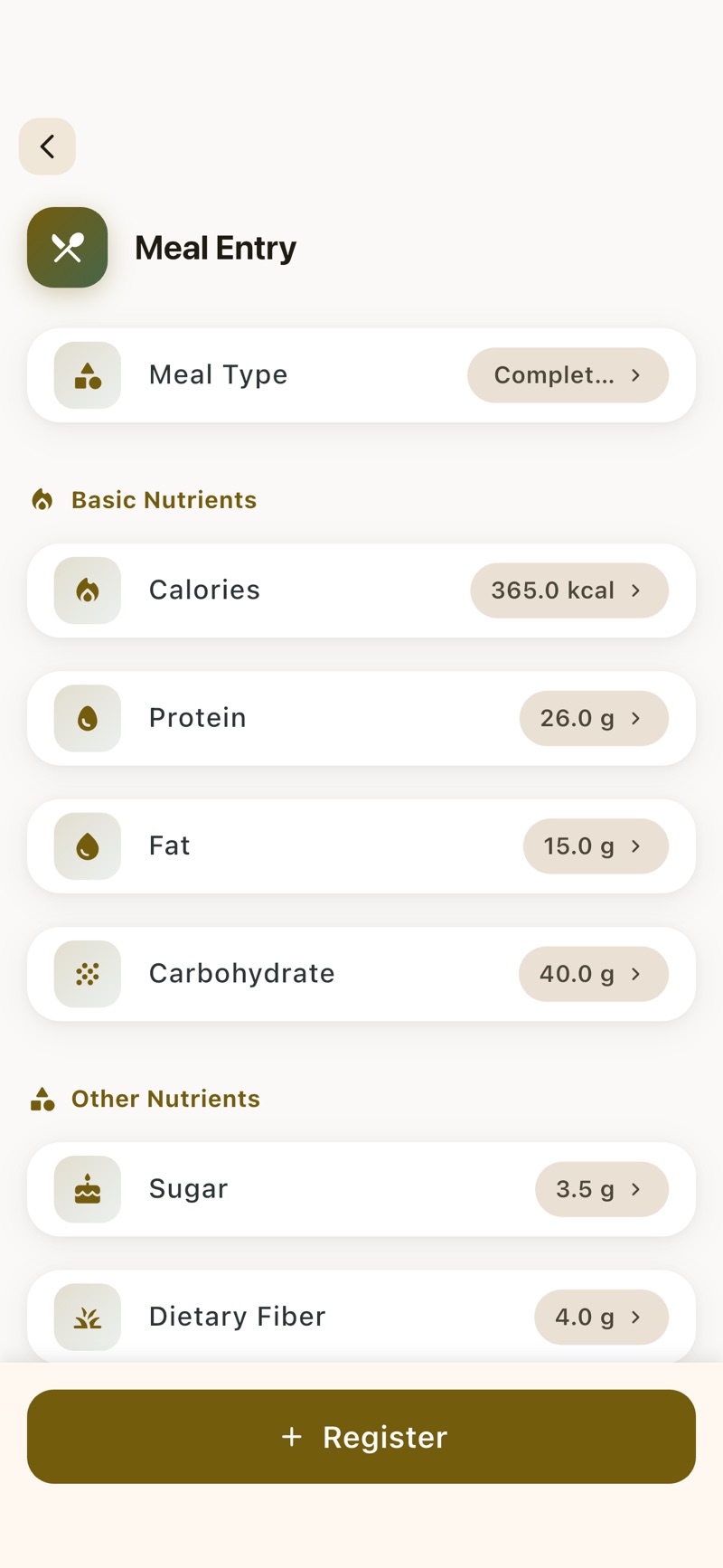 Meal management and nutrition tracking screen